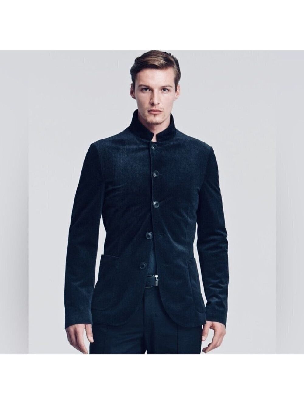 ** Armani Collezioni Blue Velvet Mandarin Collar Button Front Sport Jacket US XL